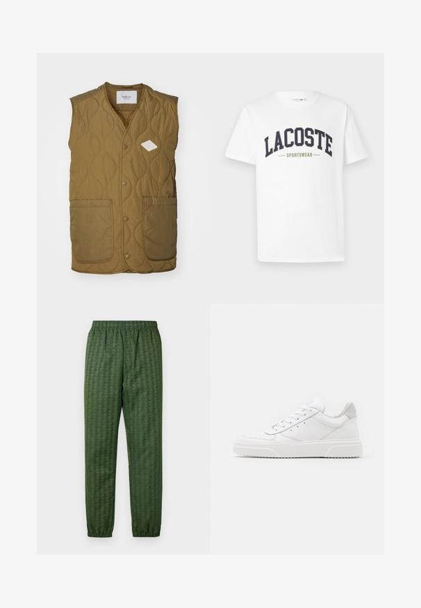 Vadderad väst i olivgrön med en diamantformad logotypapplikation, rund halsringning, framknappar, och två stora framfickor.; Vit t-shirt i bomull med en navy och olivgrön "LACOSTE SPORTSWEAR" logotyp tryckt över bröstet i en böjd design.; Gröna mönstrade träningsbyxor med elastisk midja, avsmalnande ben och ett geometriskt mönster genom hela byxorna. Tillverkade av lätt material.; Vita lädersneakers med en slät yta, rund tå, platta snören och en texturerad sula. Grå mockadetalj vid hälen.