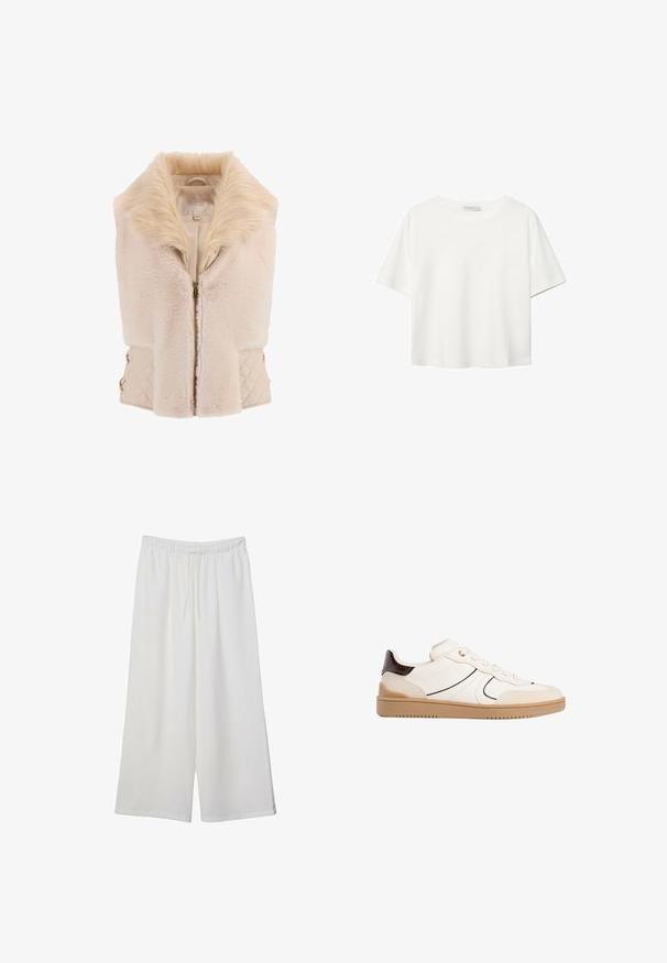 Faux kožešinová vesta v béžové barvě s měkkým límcem, zipem vpředu a prošívanými stranami, které mají zlaté kovové detaily. Měkká textura a strukturovaný tvar.; Bílý krátký rukáv tričko vyrobené z bavlny. Má kulatý výstřih a volný střih. Hladký materiál bez viditelných vzorů nebo akcentů.; Bílé kalhoty s širokými nohavicemi vyrobené z lehké tkaniny, s elastickým pasem a stahovací šňůrkou pro nastavitelnou velikost. Hladká textura.; Stradivarius Tenisky - white