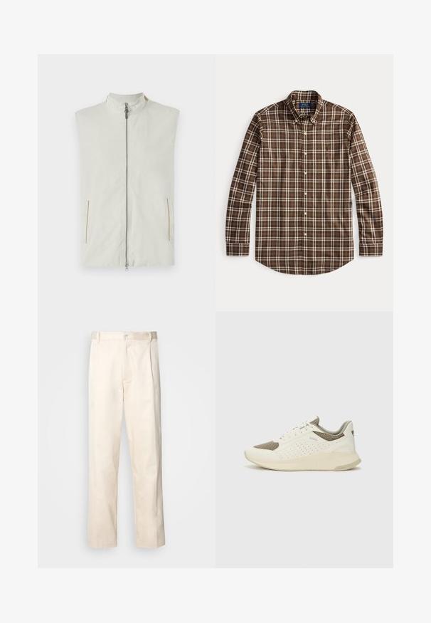 Lengvas be rankovių liemenė kreminės spalvos, su aukštu apykaklės dizainu, priekyje užtrauktuku ir dviem šoninėmis kišenėmis su subtiliais auksiniais akcentais.; Rudas languotas marškinis su sagų apykakle, ilgomis rankovėmis ir baltomis detalėmis tarkuotame rašte. Pagamintas iš lengvos medžiagos.; Bežinės medvilninės kelnės su tiesiu kirpimu, turinčios mygtuko uždarymą ir priekyje raukšles papildomai dekoratyviam akcentui.; Baltas ir šviesiai bežinis sportinis kedas, su tinklo viršumi, perforuotais detalėmis ir tekstūruotu tarpine su logotipu ant kulno.