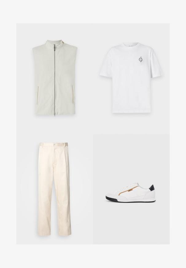 Leichtes ärmelloses Westchen in Creme mit hohem Kragen, Frontreißverschluss und zwei Seitentaschen mit dezenten goldenen Akzenten.; Weißes Baumwoll-T-Shirt mit lockerer Passform, das ein kleines schwarzes Grafiklogo auf der linken Brustseite aufweist. Kurze Ärmel, Rundhalsausschnitt.; Beige Baumwollhose mit geradem Bein, ausgestattet mit einem Knopfverschluss und Falten an der Vorderseite für zusätzliche Details.; Weiße Sportschuhe mit Mesh- und Lederelementen. Ausgestattet mit einem goldenen "BOSS"-Logo, strukturierten Seitenpaneelen und einer schwarzen Fersenkappe. Gummisohle.