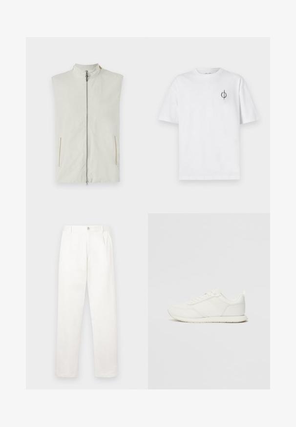 Lettvekts uten ermer vest i krem, med høy krage, frontglidelås og to sidelommer med subtle gyldne aksenter.; Hvit bomull t-skjorte med avslappet passform, med en liten svart grafisk logo på venstre brystområde. Korte ermer, rund hals.; Hvite bukser laget av glatt stoff, med rett ben-design, frontfolder og en enkelt knappelukking i livet.; Hvit sneaker med en mesh- og syntetisk overdel, rund tå, flate lisser og en teksturert sidestropp. Gummisåle med en pull-tab bak.