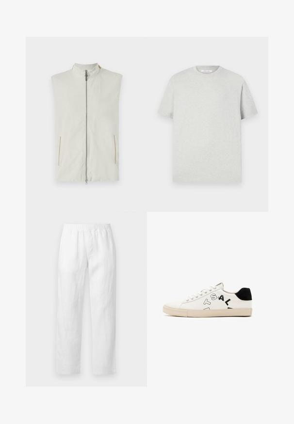 Lagano prsluk bez rukava u krem boji, s visokim ovratnikom, prednjim zipom i dva bočna džepa s suptilnim zlatnim akcentima.; Svijetlo siva majica s kratkim rukavima izrađena od mekog materijala, s okruglim izrezom i opuštenim krojem bez vidljivih uzoraka ili aksesoara.; Bijele lanene hlače s elastičnim pojasom, ravnim krojem i mekanom teksturom bez vidljivih uzoraka ili metalnih detalja.; Bijele kožne tenisice s crnim naglascima na peti, s odvažnim crnim natpisima sa strane i gumenim potplatom. Minimalistički dizajn.