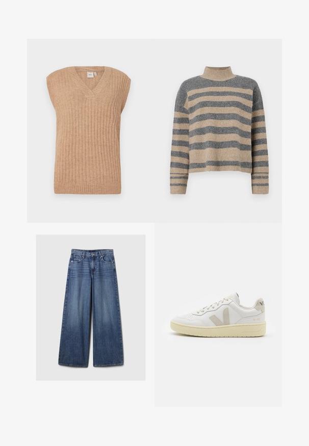 Beige sleeveless knitted vest with a V-neck, featuring vertical ribbed texture and a relaxed fit. Made from soft, lightweight material.; Striped knit sweater featuring gray and beige colors, high neck, wide cuffed sleeves, and a relaxed fit with a cropped design.; Wide-leg blue denim jeans with a faded finish, featuring a button and zipper closure, five pockets, and belt loops.; White leather sneaker with beige suede accents, perforated toe box, flat laces, and a textured cream sole. Features subtle branding on heel.