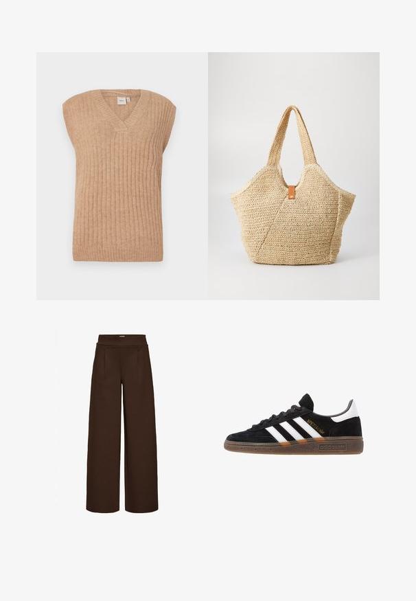 Beżowy bezrękawnik dziany z dekoltem w kształcie V, z pionowym prążkowanym wykończeniem i luźnym krojem. Wykonany z miękkiego, lekkiego materiału.; Ciemnobrązowy strój kąpielowy z marszczonym wzorem i skręconym akcentem oraz detalami z metalowego złotego koloru. Gładka tekstura.; Brązowe spodnie typu wide-leg, wykonane z gładkiego materiału, z wysokim stanem i dwiema przednimi zaszewkami, zaprojektowane w luźnym kroju.; Czarny sneaker Adidas z białymi paskami, złotym napisem "Spezial", gumową podeszwą i białym elementem przy pięcie, przedstawiony w widoku z profilu.; Duża torba plażowa z teksturowanym, beżowym wykończeniem i dwiema szerokimi rączkami. Posiada skórzany pasek akcentujący do zamykania.