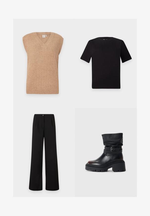 Beige ærmeløs strikvest med V-hals, der har lodrette ribbede detaljer og en afslappet pasform. Lavet af blødt, let materiale.; Sort kortærmet t-shirt med rund halsudskæring, lavet af blødt bomuldsstof. Enkel design, ingen synlige logoer eller mønstre.; Sorte højtaljede bukser med brede ben, der har frontknap og lynlås-lukning, og med subtile plisseringer under taljen.; Sort læderankelstøvle med en slouchy overdel, spænde detaljer og en tyk, robust sål. Har rund tå og glat tekstur.