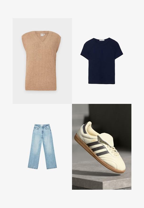 Gilet senza maniche beige in maglia con scollo a V, caratterizzato da una texture rigata verticale e una vestibilità rilassata. Realizzato in un materiale morbido e leggero.; T-shirt manica corta in cotone blu navy con scollo rotondo, caratterizzato da una texture liscia e un orlo dritto senza fantasie o dettagli.; Jeans larghi in denim blu chiaro a vita alta, caratterizzati da un lavaggio sbiadito e da piccoli dettagli strappati sparsi.; Sneaker in pelle crema con tre strisce scure, suola in gomma marrone e punta arrotondata. Presenta una linguetta pieghevole etichettata "SAMBA".