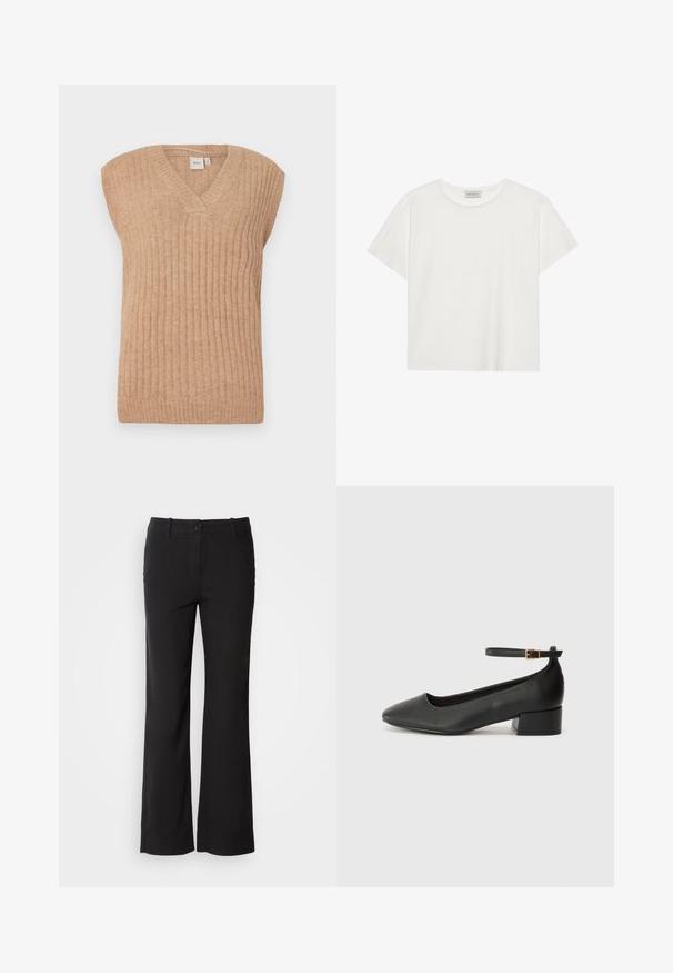 Beige ärmellose Strickweste mit V-Ausschnitt, ausgestattet mit vertikalem Rippenmuster und lockerer Passform. Hergestellt aus weichem, leichtem Material.; Weißes T-Shirt mit kurzen Ärmeln aus weicher Baumwolle. Verfügt über einen runden Halsausschnitt und eine lockere Passform. Sauberes Design ohne sichtbare Muster oder Akzente.; Schwarze Baumwollmischungshose mit geradem Bein, vorderem Knopfverschluss und zwei Seitentaschen. Glatte Textur, keine sichtbaren Muster.; Schwarze Lederpumps mit spitzem Zehenbereich und niedrigem Blockabsatz. Mit einem Knöchelriemen und einer goldfarbenen Schnalle. Glatte Textur.