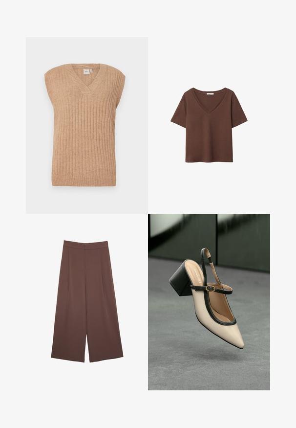 Beige ærmeløs strikvest med V-hals, der har lodrette ribbede detaljer og en afslappet pasform. Lavet af blødt, let materiale.; Brun bomulds t-shirt med korte ærmer og dyb V-hals. Enkel design, blød tekstur og lige kant. Ingen mønstre eller detaljer.; Brune bredbunde bukser med en glat tekstur, der har høj talje og plisseringer foran. Stoffet er let og falder løst.; Beige spids tå slingback sko med sort kant, guld spænde og en chunky blokhæl på grå gulv med mørkegrøn baggrund.