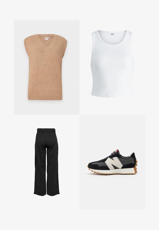 Beige ærmeløs strikvest med V-hals, der har lodrette ribbede detaljer og en afslappet pasform. Lavet af blødt, let materiale.; Hvid ribbet tanktop med rund halsudskæring, ærmeløs design og cropped længde. Etiketten står der "JJXX." Glat stoftekstur.; Sorte, vide bukser med elastisk talje, lavet af glat stof. Har et enkelt design uden lommer eller synlige sømdetaljer.; Sort og grå ruskinds sneakers med et stort cremefarvet "N" logo, lilla snørebånd og en struktureret gummisål.