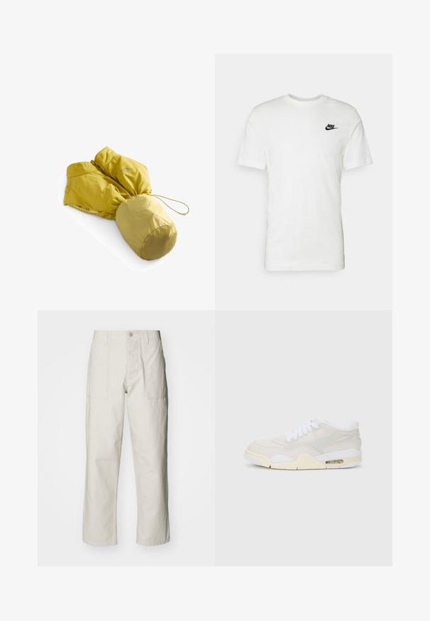 Gelbe isolierte Jacke mit tailliertem Schnitt und Kapuze. Verfügt über eine glatte Textur, ein elegantes Design und einen elastischen Kordelzug am Saum.; Weißes Baumwoll-T-Shirt mit kurzen Ärmeln, rundem Halsausschnitt und einem schwarzen Nike-Logo auf der linken Brust. Glatte Textur und klassische Passform.; Helle beige weit geschnittene Hose aus Baumwolle. Verfügt über Fronttaschen und einen Knopfverschluss. Glatte Textur mit dezenten vertikalen Streifen.; Sneakers mit einem hellbeigen synthetischen Obermaterial, weißen Schnürsenkeln und sichtbarer Dämpfung. Sie verfügen über eine glatte Sohle und dezente seitliche Akzente.