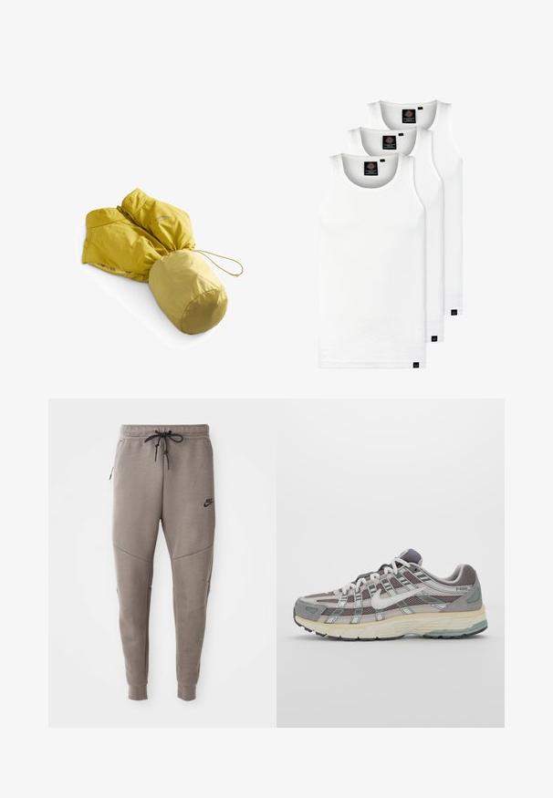 Žlutá zateplená bunda s úzkým pasem a kapucí. Má hladkou texturu, elegantní design a elastickou šňůrku na spodním lemu.; Tři bílé žebrované tílka vyrobené z bavlny. Mají kulatý výstřih a malé černé štítky poblíž lemu. Dostupné v několika velikostech.; Šedé Nike tepláky s elastickým pasem na šňůrku, zúženými nohavicemi, bočními kapsami a charakteristickým švem. Měkká, strukturovaná tkanina.; Šedá sportovní obuv s vrchní částí z mikrovlákna a semiše, bílými akcenty, polstrovanou podrážkou a jedinečným designem s reflexními prvky.