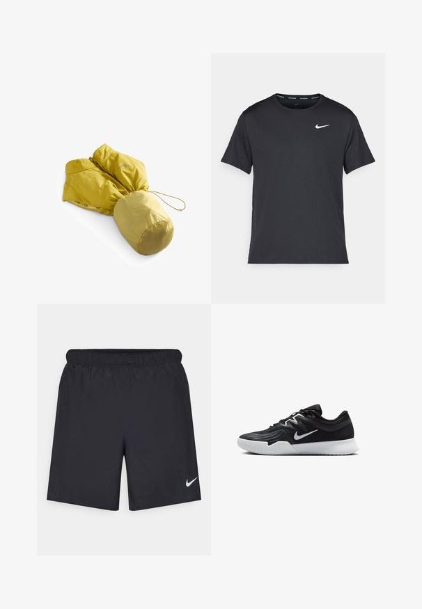 Gelbe isolierte Jacke mit tailliertem Schnitt und Kapuze. Verfügt über eine glatte Textur, ein elegantes Design und einen elastischen Kordelzug am Saum.; Schwarzes Nike Lauft-Shirt aus leichtem, atmungsaktivem Material, mit kurzen Ärmeln und einem kleinen weißen Logo auf der Brust.; Schwarze sportliche Shorts aus leichtem Material mit einem elastischen Bund. Auf der unteren linken Seite befindet sich ein kleines weißes Nike-Logo.; Schwarzer Sportschuh mit strukturiertem Obermaterial, weißem Nike-Warenzeichen und einer weißen Gummisohle. Verfügt über ein Schnürdesign und eine dynamische Form.