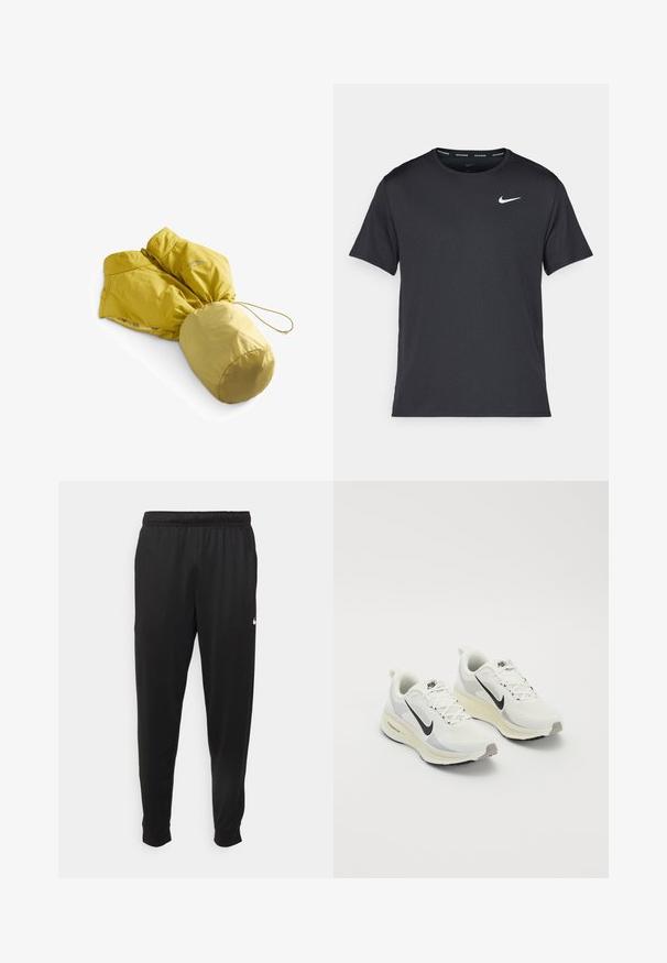 Gelbe isolierte Jacke mit tailliertem Schnitt und Kapuze. Verfügt über eine glatte Textur, ein elegantes Design und einen elastischen Kordelzug am Saum.; Schwarzes Nike Lauft-Shirt aus leichtem, atmungsaktivem Material, mit kurzen Ärmeln und einem kleinen weißen Logo auf der Brust.; Schwarze Sporthosen aus glattem Stoff, mit einem elastischen Bund, schmal zulaufenden Beinen und einem kleinen weißen Logo auf der linken Seite.; Laufschuhe aus weißem atmungsaktivem Mesh mit hellgrauen Akzenten. Mit einem schwarzen Swoosh-Logo und einer hellgrauen Gummisohle.