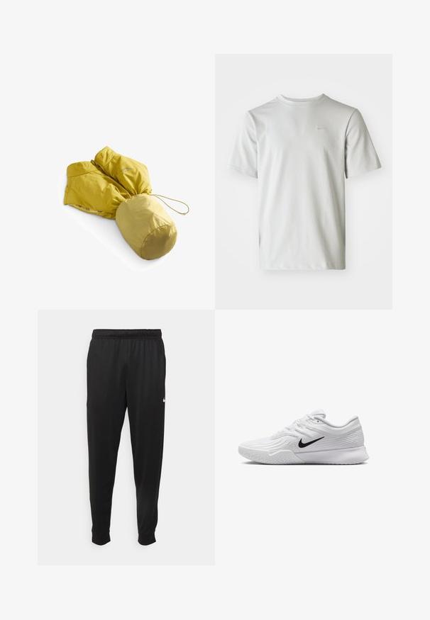 Gelbe isolierte Jacke mit tailliertem Schnitt und Kapuze. Verfügt über eine glatte Textur, ein elegantes Design und einen elastischen Kordelzug am Saum.; Hellgraues T-Shirt mit kurzen Ärmeln, strukturiertem Rippmuster und kleinem Logo auf der Brust. Rundhalsausschnitt, lockere Passform.; Schwarze Sporthosen aus glattem Stoff, mit einem elastischen Bund, schmal zulaufenden Beinen und einem kleinen weißen Logo auf der linken Seite.; Weißer Sportschuh mit strukturiertem Mesh-Obermaterial, schwarzem Nike-Swoosh, gepolstertem Kragen und Gummisohle mit einem Profilmuster.
