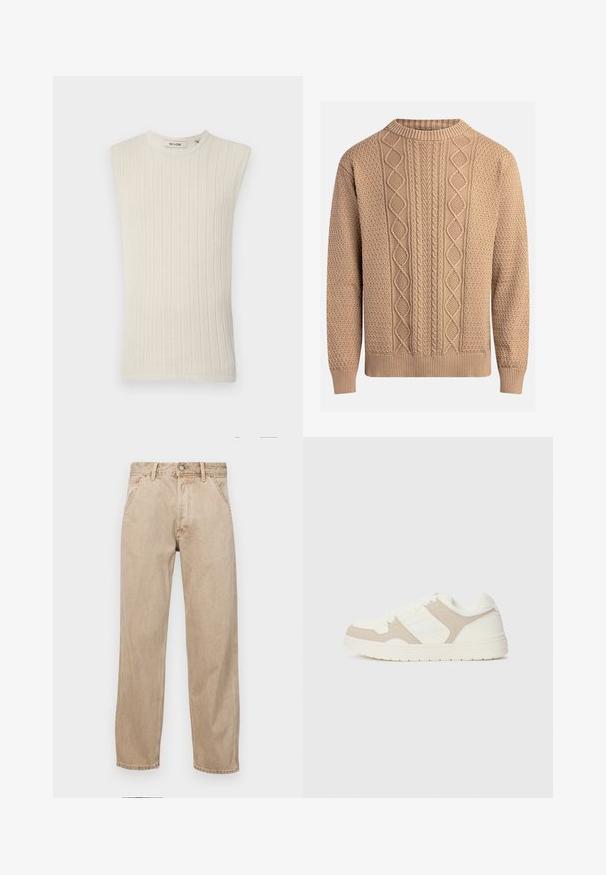 Ärmelloses, hellbeiges, geripptes Stricktop mit rundem Ausschnitt und strukturiertem Stoff, das ein minimales und figurbetontes Design aufweist.; Beiger Strickpullover mit strukturierten Mustern. Verfügt über einen Rundhalsausschnitt, gerippte Bündchen und unterschiedliche Zopfmuster auf der Vorderseite.; Beige Denim-Jeans mit geradem Beinschnitt, ausgestattet mit Vordertaschen, einem Metallknopfverschluss und feiner Textur.; Weiße und beige Sneaker mit einer Kombination aus glatten und Wildleder-Oberflächen, runder Zehenpartie, Schnürverschluss und flacher Gummisohle.
