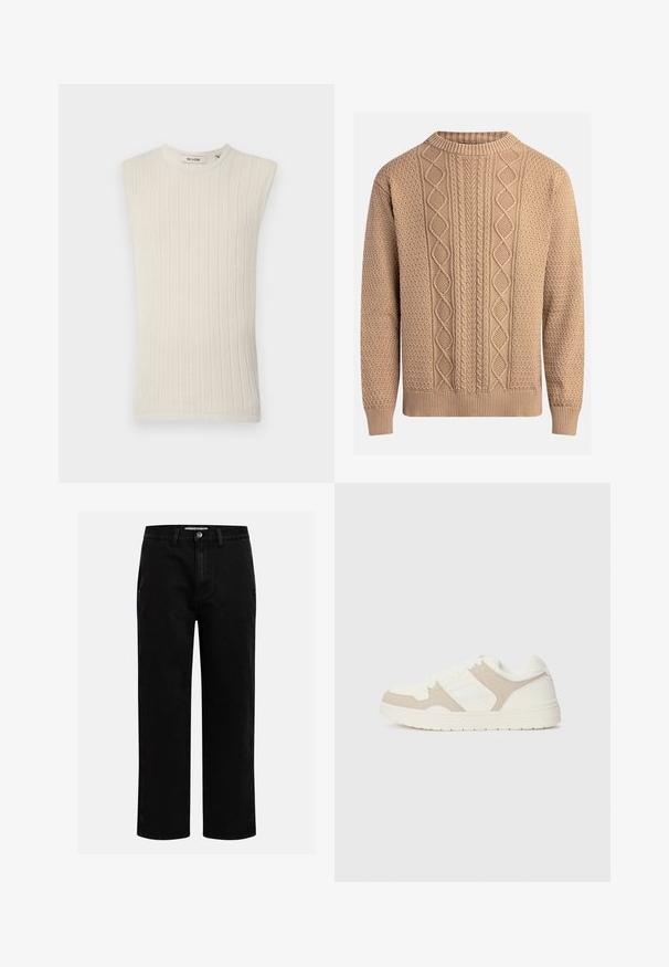 Bezrukávový svetlobežový rebrovaný úpletový top s okrúhlym výstrihom a štruktúrovanou tkaninou, s minimalistickým a priliehavým strihom.; Pletený sveter v béžovej farbe s textúrovanými vzormi. Má okrúhly výstrih, rebrované manžety a rôzne dizajny kabelkového pletenia na prednej strane.; Čierne džínsové nohavice so strihom rovného nohu, klasickým dizajnom s piatimi vreckami a gombíkovým zapínaním v páse. Hladká textúra a odolná tkanina.; Biele a béžové tenisky s kombináciou hladkej a semišovej textúry, okrúhlym špičkou, šnurovaním a plochou gumovou podrážkou.