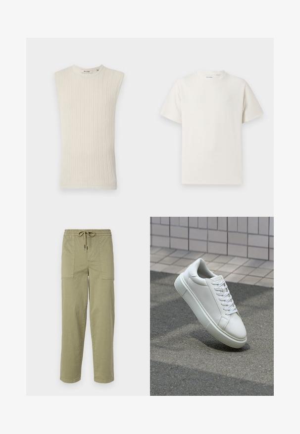 Ärmelloses, hellbeiges, geripptes Stricktop mit rundem Ausschnitt und strukturiertem Stoff, das ein minimales und figurbetontes Design aufweist.; Weißes T-Shirt mit kurzen Ärmeln in gerippter Textur. Runder Ausschnitt, lockere Passform, keine sichtbaren Muster oder Akzente. Einfaches und vielseitiges Design.; Helle olivgrüne Hose aus Baumwollmischgewebe, mit einem elastischen Bund und Kordelzug sowie zwei großen Seitentaschen.; Weiße Leder-Sneaker mit glatter Oberfläche, runder Zehenpartie und flachen weißen Schnürsenkeln. Verfügt über eine strukturierte Gummisohle und minimalistische Designelemente.