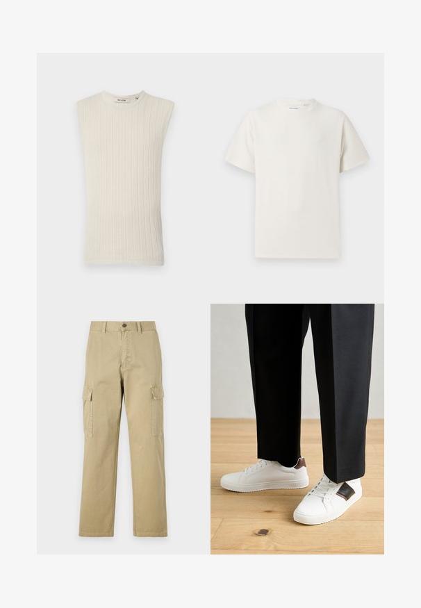 Hihaton vaalea beige ribbiknitti paita, jossa on pyöreä kaula-aukko ja teksturoitu kangas. Paita on minimaalinen ja istuva muotoilu.; Valkoinen lyhythihainen T-paita ribbikuviossa. Pyöreä kaula-aukko, rento istuvuus, ei näkyviä kuvioita tai yksityiskohtia. Yksinkertainen ja monikäyttöinen muotoilu.; Beige cargo-housut, jotka on valmistettu puuvillasta, ja niissä on kaksi sivutaskua, napp Closure ja suorat lahkeet, joissa on hieman teksturoitu kangas.; Valkoiset tennarit, joissa on sileä pinta, ruskealla nahka-akentilla ja mustilla yksityiskohdilla, yhdistetty mustiin räätälöityihin housuihin. Taustalla puulattia.