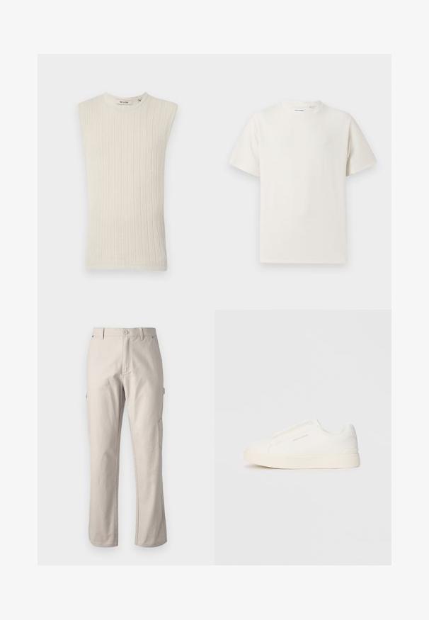 Soeva kerge beež ribaga kudum, ümarate kaelustega ja tekstuurse kangaga, millel on minimaalne ja keha lähedal disain.; Valge lühikeste varrukatega T-särk ribakudumises. Ümar kaelus, mugav lõige, nähtavad mustrid ega aksessuaarid puuduvad. Lihtne ja mitmekesine disain.; Beez värvi cargo püksid, mis on valmistatud vastupidavast puuvillast, sirgete jalgadega, ees nuppe sulgemisega ja külgtaskutega utiliidi jaoks. Sile tekstuur koos peente õmblustega.; Valged libisemiskindlad tossud tekstuuriga pinnaga, paksu tallaga ja minimalistikus disainis. Küljel on brändi logo.