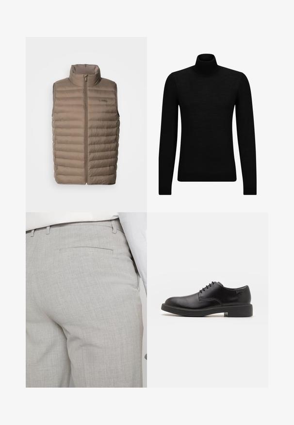 Beige padded vest with high collar, zip closure, horizontal quilted design, and logo tag. Lightweight fabric, smooth texture.; Black turtleneck sweater made of soft material, featuring long sleeves and a snug fit. Ribbed trim at the hem and cuffs. Simple design.; Light gray tailored trousers made of textured fabric, featuring a single back pocket and clean stitching.; Black leather lace-up shoe with a rounded toe, smooth texture, minimal stitching, and a low rubber heel. Logo on the heel.