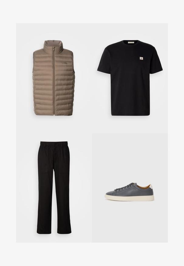 Šviesiai rudas užpildytas liemenė su aukštu apykakle, užtrauktuko uždarymu, horizontaliais siuvinėjimais ir logotipo označia. Lengvas audinys, lygus tekstūra.; Juodas medvilnės marškinėliai su trumpomis rankovėmis, apvaliu kaklu ir mažu siuvinėtą logotipu kairėje krūtinės pusėje. Lygi tekstūra, reguliaraus kirpimo.; Juodos kelnės su laisvu siluetu, pagamintos iš lengvos medžiagos. Yra elastingas juosmuo, mygtuko užsegimas ir dvi priekinės kišenės.; Pilkas odinis sportbačiai su apvaliu nosiu, guminėmis padangomis, lygiais raišteliais ir šviesiomis akcentais ant kulno. Lygus paviršius ir minimalistinis dizainas.