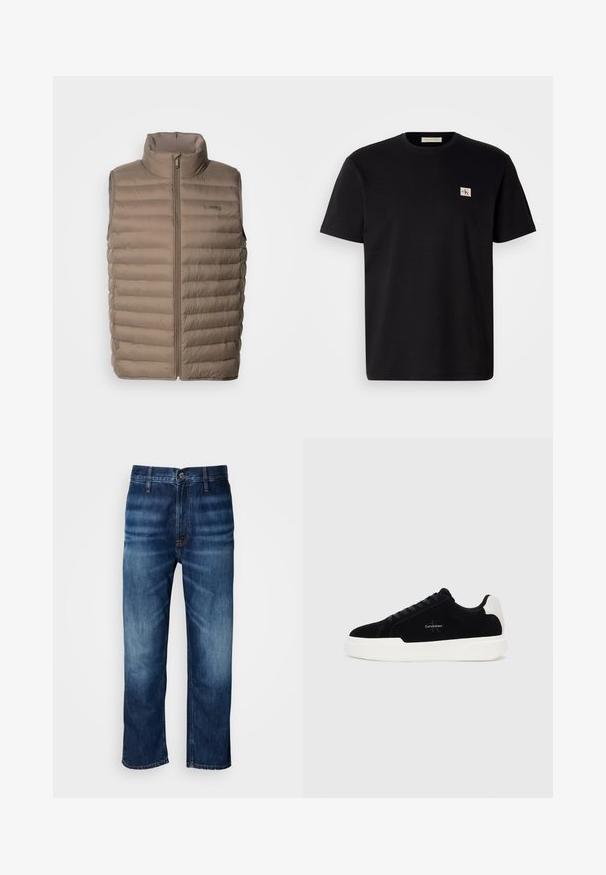 Bež podstavljena prsluk s visokim ovratnikom, zatvaranje na zip, horizontalni kviltani dizajn i oznaka s logom. Lagana tkanina, glatka tekstura.; Crna pamučna majica s kratkim rukavima, okruglog izreza, s malim izvezenim logotipom na lijevoj strani prsnog koša. Glatka tekstura, regularan kroj.; Tamno plave traperice ravnog kroja s blagim izbljeđivanjem na bedrima i dugmetom za kopčanje na pojasu, prikazane na bijeloj pozadini.; Crni niskoprični tenisice s bijelim potplatom i petom, sa vezanjem sprijeda i Calvin Klein logotipom sa strane.