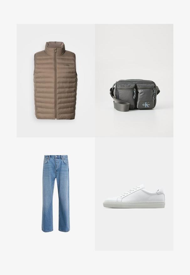 Beige padded vest with high collar, zip closure, horizontal quilted design, and logo tag. Lightweight fabric, smooth texture.; Long-sleeve, mock-neck shirt in light cream cotton. Smooth texture, relaxed fit, minimalist design, no visible patterns or accents.; Light blue denim jeans with a straight-leg design, five pockets, button closure, minimal fading, and contrasting stitching details.; White sneaker with a smooth leather upper and a low profile. Features a rounded toe, six eyelets, and a textured rubber sole.; Gray nylon crossbody bag with two zippered front pockets, adjustable strap, and logo accent. Smooth texture with a modern design.