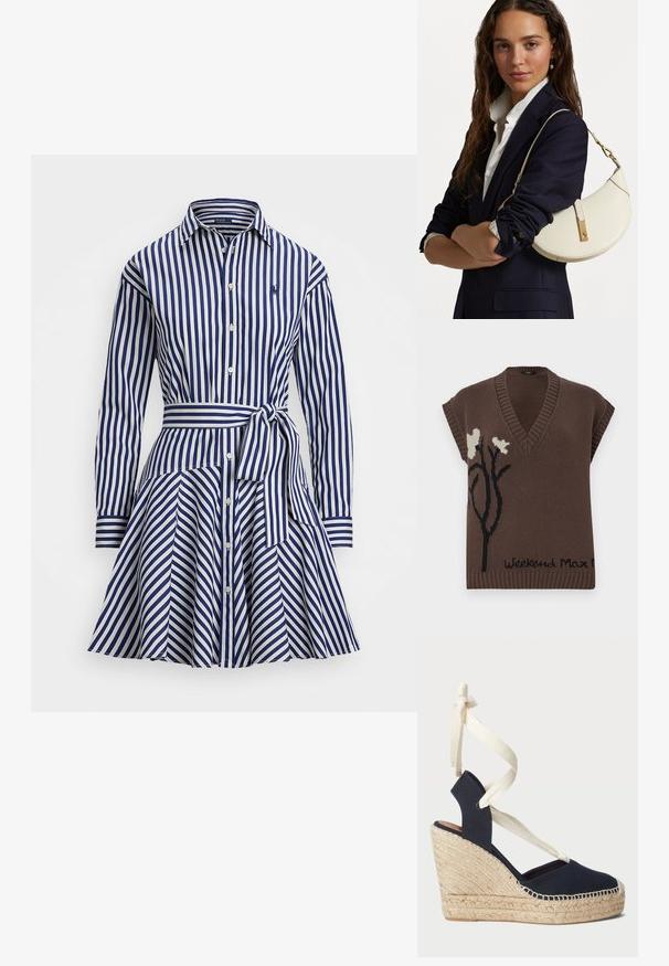 Hnedý pletený sveter bez rukávov s výstrihom do V, ktorý má čierny kvetinový vzor a text "Weekend Max Mara" na spodnom leme. S rebrovanými detailmi.; Prúhované šaty v modrej a bielej farbe, s golierom, dlhými rukávmi, zapínaním na gombíky, opaskom v páse a rozšírenou sukňou s nariasením.; Námornícke plátno wedge sandále s espadrilovou jutovou podrážkou a krémovými stuhami na členku. Uzavretá päta a dizajn s okrúhlou špičkou.; Biely kožený kabelka s zakriveným tvarom, zlatou kovovou výbavou a textúrovaným povrchom, nosená cez tmavý blejzer a bielu košeľu.