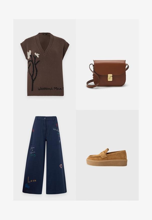 Pulover fără mâneci, tricotat, de culoare maro, cu decolteu în V, având un design floral negru și textul "Weekend Max Mara" la margine. Accente ribbate.; Pulover tricotat de culoare bleu marin, cu un grafic de pasăre de culoare crem. Designul include modele liniare și un guler și manșete cu model în relief.; Pantaloni largi de culoare bleumarin din bumbac, cu multiple buzunare. Prezintă broderii colorate cu text și grafica, inclusiv inimi și expresii jucăușe.; Mocasini din nubuc maroniu cu vârf rotund, având o talpă platformă cu nervuri și o curea decorativă peste partea superioară.; Geantă de piele maro cu închidere tip capac, accesorii de culoare aurie, curea de umăr și o textură netedă. Formă compactă și rectangulară.