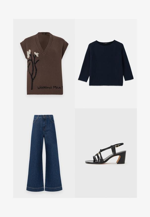 Pulover fără mâneci, tricotat, de culoare maro, cu decolteu în V, având un design floral negru și textul "Weekend Max Mara" la margine. Accente ribbate.; Pulover tricotat de culoare bleumarin, cu decolteu rotund și mâneci raglan de lungime trei sferturi. Prezintă un model texturat și detalii cu margini nefinisate.; Jeans din denim albastru cu picioare largi și talie înaltă, având închidere cu buton, bucle pentru curea și detalii discrete de cusut pe buzunare și la tivuri.; Paul Smith AMIRA - Pantofi clasici cu toc - black