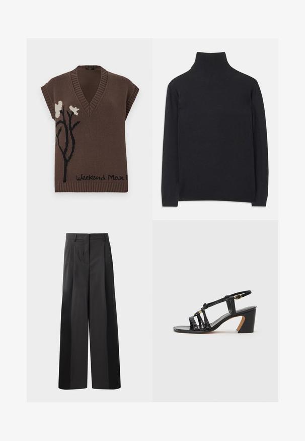 Brun strikket ærmeløs sweater med V-hals, prydet med sort blomstermotiv og "Weekend Max Mara" tekst forneden. Ribbede detaljer.; Sort turtleneck sweater lavet af blødt stof. Har lange ærmer, en høj hals, og ribbede manchetter og kant for et stramt look.; Sort brede bukser med høj talje, med folder foran, en glat tekstur og en skræddermæssig finish. Designet til en afslappet pasform.; Paul Smith AMIRA - Pumps - black