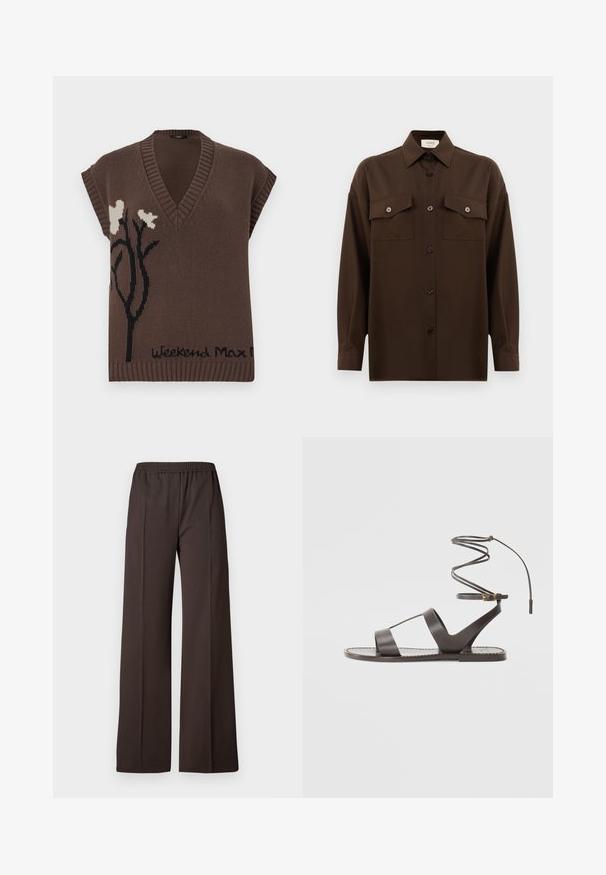Rjava pletena brezrokavnica z V-izrezom, ki prikazuje črn cvetlični vzorec in besedilo "Weekend Max Mara" na robu. Ribasti detajli.; Temno rjav srajca z dolgimi rokavi na gumbe, z dvema žepoma na prsih in klasičnim ovratnikom, prikazana na enotni beli podlagi.; Hlače širokih nogavica iz temno rjave tkanine z elastičnim pasom, ki se ponašajo z gladko teksturo in čistimi linijami za elegantno podobo.; Rjave usnjene sandale s ravnim podplatom, ki imajo minimalističen dizajn, ukrivljen trak za gleženj in več odprtin za zračnost.