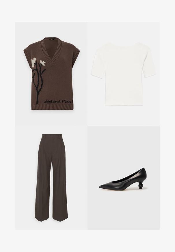 Maglione senza maniche in tonalità marrone, con scollatura a V, caratterizzato da un design floreale nero e il testo "Weekend Max Mara" all'orlo. Inserti a costine.; Top bianco a righe con maniche corte e scollo ampio. La texture presenta strisce verticali, enfatizzando una vestibilità aderente e un design semplice.; Pantaloni ampi marrone scuro con vita alta, caratterizzati da pieghe ben stirate, una texture liscia e una vestibilità su misura.; Scarpa con tacco alto in pelle nera, con punta affilata e tacco arrotondato e bombato. Texture liscia con un design elegante e minimalista.