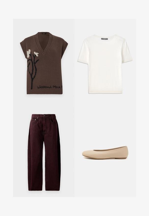 Barna kötött ujjatlan pulóver V-kivágással, fekete virágmintával és "Weekend Max Mara" felirattal az alján. Bordás díszítések.; Fehér, rövid ujjú kötött felső, kerek nyakkivágással, sima textúrával és diszkrét bordázott részletekkel az ujjain és az alján.; Burgonya színű, bő szárú farmernadrág, pamut denim anyagból, magas derékkal, elülső zsebekkel és látható varrással. Klasszikus öt zsebes kialakítás.; Beige bőr balettcipő lekerekített orral, minimális varrás részletekkel, alacsony sarkú és diszkrét logóval a hátsó részen. Simább, matt textúrájú.