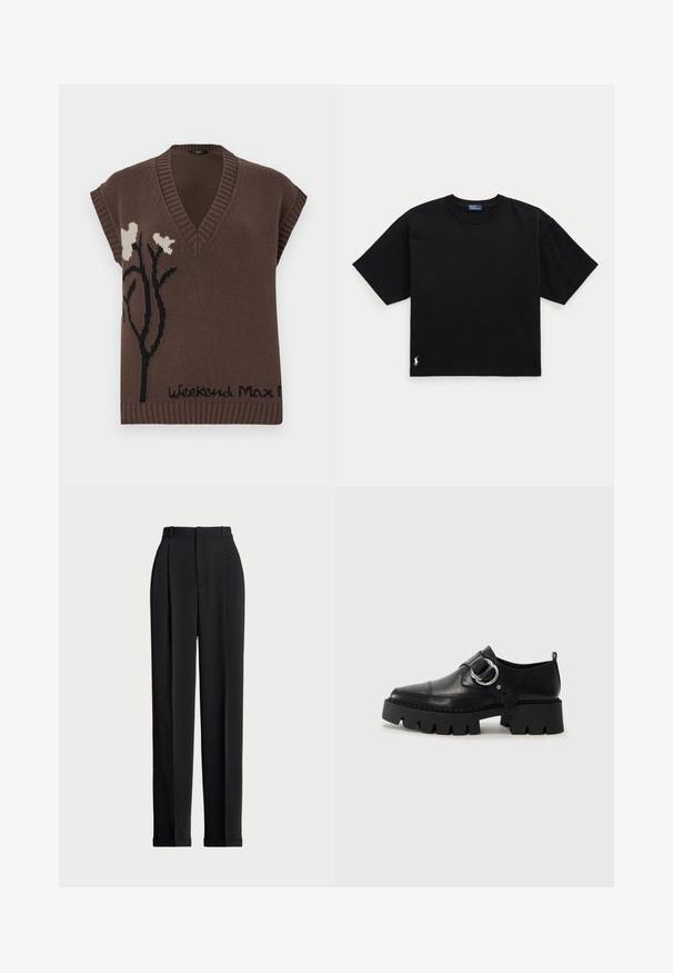 Braun gestrickter ärmelloser Pullover mit V-Ausschnitt, der ein schwarzes Blumenmuster und den Text "Weekend Max Mara" am Saum aufweist. Rippdetails.; Schwarzes Baumwoll-T-Shirt mit kurzen Ärmeln, Rundhalsausschnitt und kleinem weißen Logo unten links. Klassische, kastige Passform mit minimaler Detailgestaltung.; Schwarze, taillierte Hose mit hoher Taille, mit Falten vorne, geradem Bein-Design und umgeschlagenem Saum. Aus glattem Stoff gefertigt.; Schwarze Leder Schuhe mit einer dicken, gerippten Sohle, die mit einer runden silbernen Hardware-Akzent und minimalen Stickdetails ausgestattet sind.