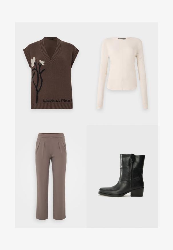 Jersey sin mangas marrón con escote en V, con diseño floral negro y texto "Weekend Max Mara" en el dobladillo. Acabados de canalé.; Top de manga larga, color beige claro, con cuello redondo. Fabricado en un tejido suave, presenta una costura central y un dobladillo ligeramente curvado. Sin herrajes visibles.; Pantalones sueltos color topo con cinturilla elástica y pliegues frontales, hechos de una tela suave.; Botín negro de cuero hasta el tobillo con punta redondeada, tacón cuadrado, cremallera lateral y detalles de costura en el empeine. Textura suave, diseño clásico.