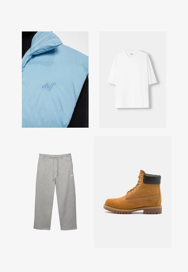 Helles blaues Pufferwesten mit einem Reißverschlusskragen, versehen mit aufgesticktem "def"-Logo in zartem Blau, kombiniert mit einem schwarzen Kleidungsstück darunter.; Weißes kurzärmliges T-Shirt aus Baumwolle mit Rundhalsausschnitt und lockerer Passform. Glatte Textur, ohne sichtbare Muster oder Akzente.; Graue Sweatpants aus weichem Stoff mit elastischem Bund, verstellbarem Kordelzug und Seitentaschen. Mit einem kleinen weißen Logo.; Beige Wildleder-Ankle-Boot mit schwarzem gepolstertem Kragen, goldenen Metallösen, weißen Nähdetalben und einer robusten Gummisohle mit ausgeprägtem Profil.