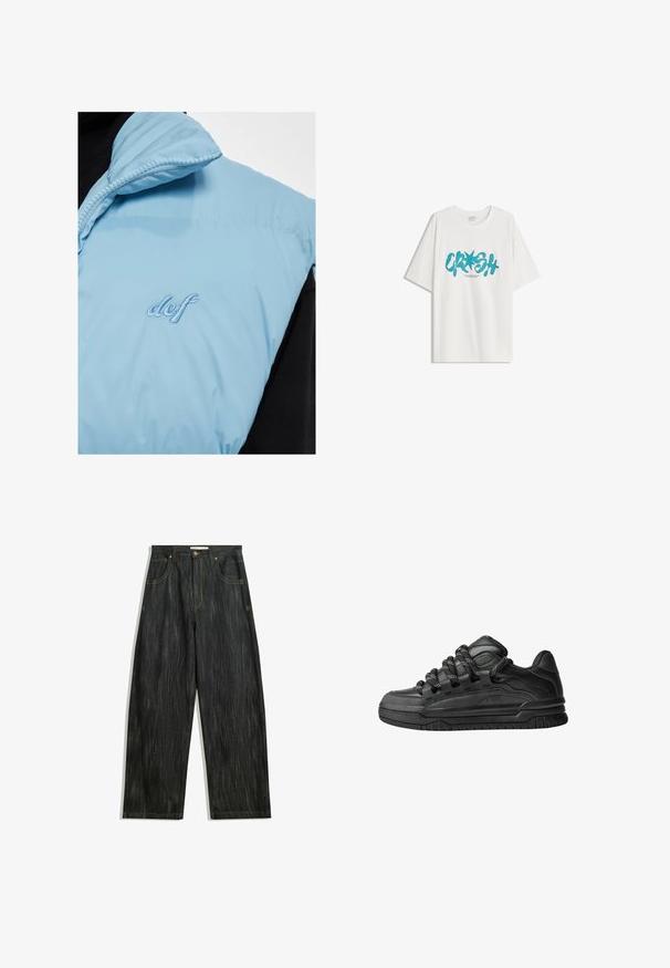 Helles blaues Pufferwesten mit einem Reißverschlusskragen, versehen mit aufgesticktem "def"-Logo in zartem Blau, kombiniert mit einem schwarzen Kleidungsstück darunter.; Bershka SHORT SLEEVE - T-Shirt print - white; Dunkelblaue Jeans mit lockerer Passform, mit subtiler vertikaler Struktur, gelben Nähten, fünf Taschen und klassischem Knopfverschluss.; Schwarze Sneakers mit einem glatten Leder-Obermaterial, strukturierten Akzenten und runden schwarz-weißen Schnürsenkeln. Dicke Gummisohle mit einem gemusterten Profil.