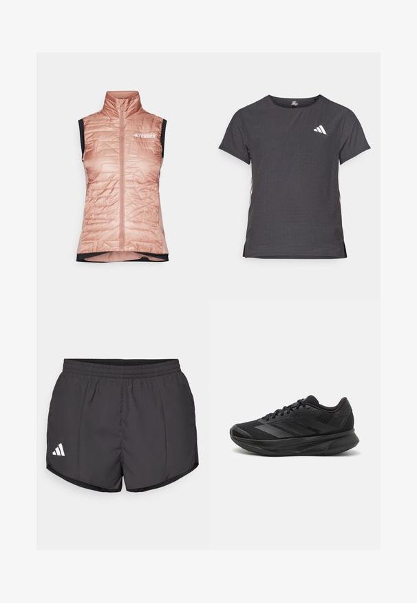 Lyserød isoleret vest med høj krave, frontlynlås, quiltet struktur og sorte ærmeåbninger. Har et hvidt TERREX-logo på brystet.; Kortærmet atletisk t-shirt, mørkegrå med perforeret tekstur. Har et hvidt logo og kontrastfarvede sidelister. Rundet halsudskæring.; Sorte atletiske shorts lavet af letvægtsstof, med en elastisk talje og et hvidt Adidas-logo på nederste venstre side.; Sort løbesko med en åndbar mesh-overdel, afrundet tå, strømlinet design, teksturerede detaljer og en polstret sål for komfort.