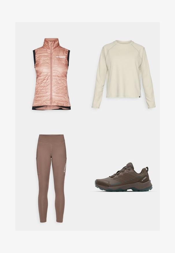 Lys rosa isolert vest med høy krage, frontlukking med glidelås, quiltet tekstur og svarte armåpninger. Har en hvit TERREX-logo på brystet.; Lys beige langermet topp med en teksturert, ribbet design. Har raglan-ermer og en rund halsutskjæring. Diskret merkevarelogo nederst.; Brune atletiske leggings med høy midje, med sidelommer og en hvit logo. Glatt, elastisk stoff for komfort og bevegelighet.; Grå og teal fotturer sko med mesh-paneler, teksturert overdel og robust gummisåle. Har polstret tunge og snøring.