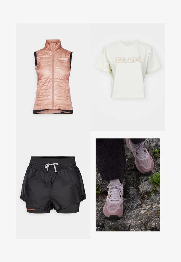 Světlé růžové zateplené vesty s vysokým límcem, předním zipem, prošívanou strukturou a černými otvory na rukávy. Na hrudi je bílá značka TERREX.; Zkrácený bílý tričko vyrobené z bavlny se světlým grafickým nápisem s přírodními prvky "TERREX." Krátké rukávy, kulatý výstřih.; Černé sportovní šortky s texturovaným vnějším vrstvou, síťovanými panely a vnitřní přiléhavou vrstvou. Mají elastický pas s tkaničkou.; Světlé fialové sportovní boty s texturovaným síťovaným svrškem, zesílenou špičkou a gumovou podrážkou, umístěné na skalnatém terénu se zelenými akcenty.