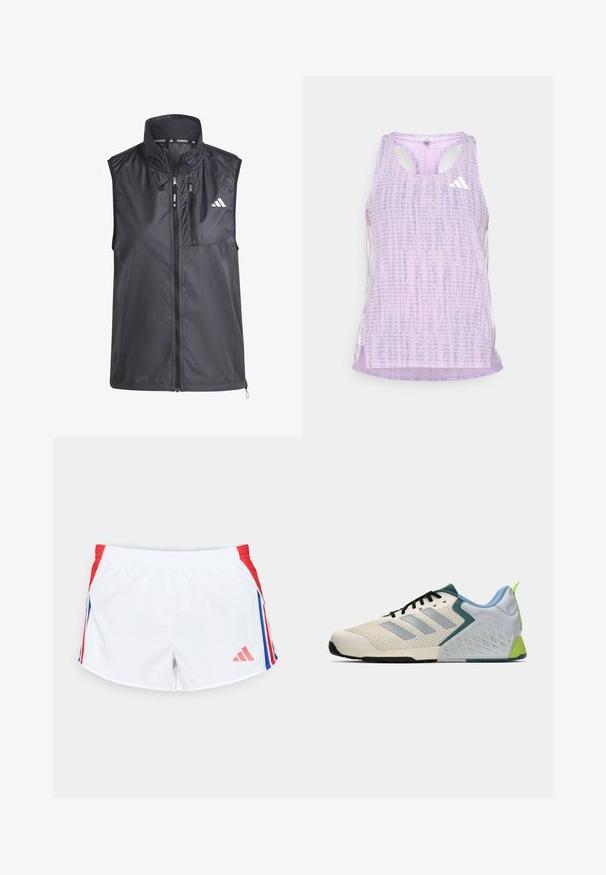 Black running vest with high collar, zippered pockets, and smooth, lightweight fabric. Features a minimalist design with a small logo.; Purple athletic tank top with a patterned, textured fabric. Features cutout sides and a small white logo on the front.; White sports shorts with red side panels featuring blue stripes. Elastic waistband and logo on the lower left side. Smooth fabric texture.; Lightweight athletic shoes featuring a cream mesh upper, grey stripes, a green accent, and a textured blue heel counter. Black laces.