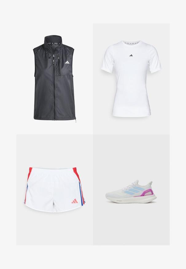 Colete de corrida preto com gola alta, bolsos com fecho e tecido liso e leve. Apresenta um design minimalista com um pequeno logótipo.; Camisola atlética branca com mangas curtas, feita de tecido liso e elástico. Apresenta um pequeno logotipo preto da Adidas no peito.; Calções desportivos brancos com painéis laterais vermelhos e riscas azuis. Cintura elástica e logo no canto inferior esquerdo. Textura de tecido suave.; adidas Performance PUREBOOST 5 - Sapatos para corrida em estrada - white/glow blue/purple burst