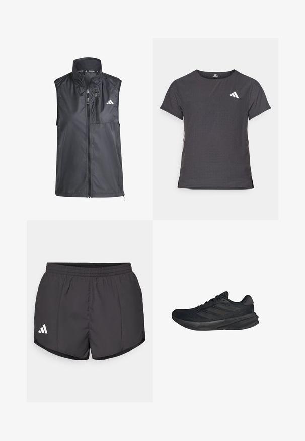 Black running vest with high collar, zippered pockets, and smooth, lightweight fabric. Features a minimalist design with a small logo.; Short-sleeve athletic t-shirt, dark gray with perforated texture. Features a white logo and contrasting side stripes. Rounded neckline.; Black athletic shorts made of lightweight fabric, featuring an elastic waistband and a white Adidas logo on the lower left side.; Black athletic shoes with a mesh upper, streamlined shape, flat sole, and three diagonal stripes on the side. Lightweight design for comfort.