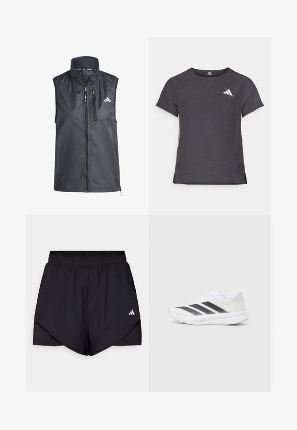 Črna tekaška brezrokavnik s visokim ovratnikom, žepi z zadrgo in gladkim, lahko tkanino. Ima minimalističen dizajn z majhnim logotipom.; Kratka športna majica s kratkimi rokavi, temno siva z perforirano teksturo. Ima bel logotip in kontrastne stranske črte. Okrogel ovratnik.; Črne atletske kratke hlače z večplastnim dizajnom, izdelane iz lahkega materiala. Imajo elastičen pas in majhen bel logotip na strani.; Bela atletska čevlja z črnimi diagonali, mrežastim zgornjim delom, zaobljenim nosom in teksturirano podplatom. Dodatki vključujejo srebrno peto in minimalističen dizajn.