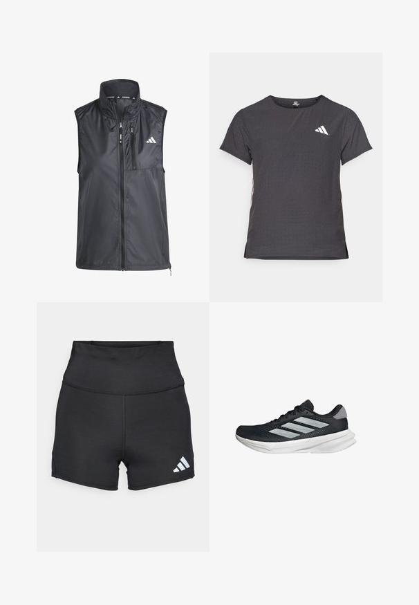 Chaleco de correr negro con cuello alto, bolsillos con cremallera y tejido suave y ligero. Presenta un diseño minimalista con un pequeño logotipo.; Camiseta atlética de manga corta, gris oscuro con textura perforada. Presenta un logo blanco y rayas laterales en contraste. Escote redondeado.; adidas Performance Leggings - black; Zapatilla de correr negra con parte superior de malla, tres franjas plateadas, media suela blanca y suela texturizada. Incluye un cuello acolchado y cierre de cordones.