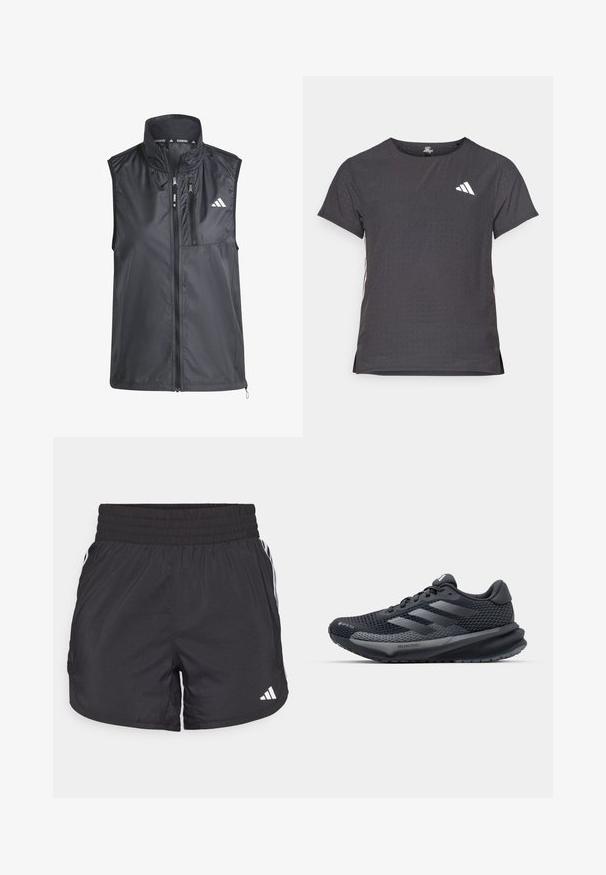 Crni trkački prsluk s visokim ovratnikom, džepovima na zatvarač i glatkom, laganom tkaninom. Ima minimalistički dizajn s malim logom.; Majica kratkih rukava za sport, tamno siva s perforiranim uzorkom. Ima bijeli logo i kontrastne bočne pruge. Zaobljeni izrez.; Crne atletske kratke hlače s elastičnom trakom u struku, bočnim džepovima i bijelim prugama sa strane. Izrađene su od laganog materijala.; Crne atletske cipele s teksturiranim mrežastim gornjim dijelom, reflektirajućim detaljima, ublaženim potplatom i aerodinamičnim dizajnom. Sadrži logo s tri pruge.