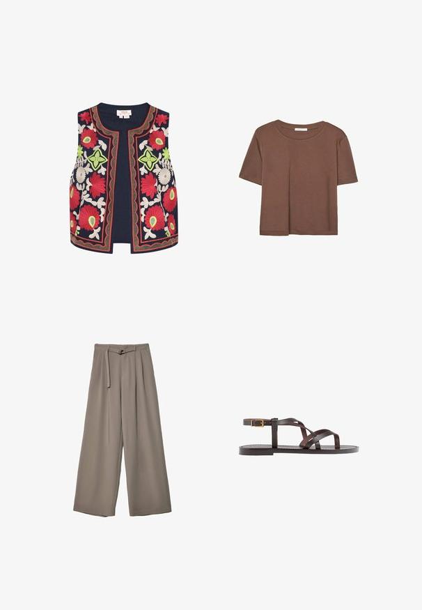 Mornarica vezen prsluk z barvitimi cvetličnimi motivi v rdeči, zeleni in beli barvi, s dekorativnimi valovitimi robovi in odprtim sprednjim dizajnom.; Rjava kratka majica s kratkimi rokavi iz mehkega materiala, s krožnim izrezom in ohlapnim krojem. Brez vidnih vzorcev ali dodatkov.; Široke hlače iz mehke, umirjene sive tkanine, z pasom, ki ga je mogoče zavezati, in z gubami za dodatne oblikovne podrobnosti. Gladka tekstura, brez vzorcev.; Rjav usnjen sandal z načinom prečnega črta, zaklepom okoli gležnja in ravnim podplatom z minimalnimi šivi.