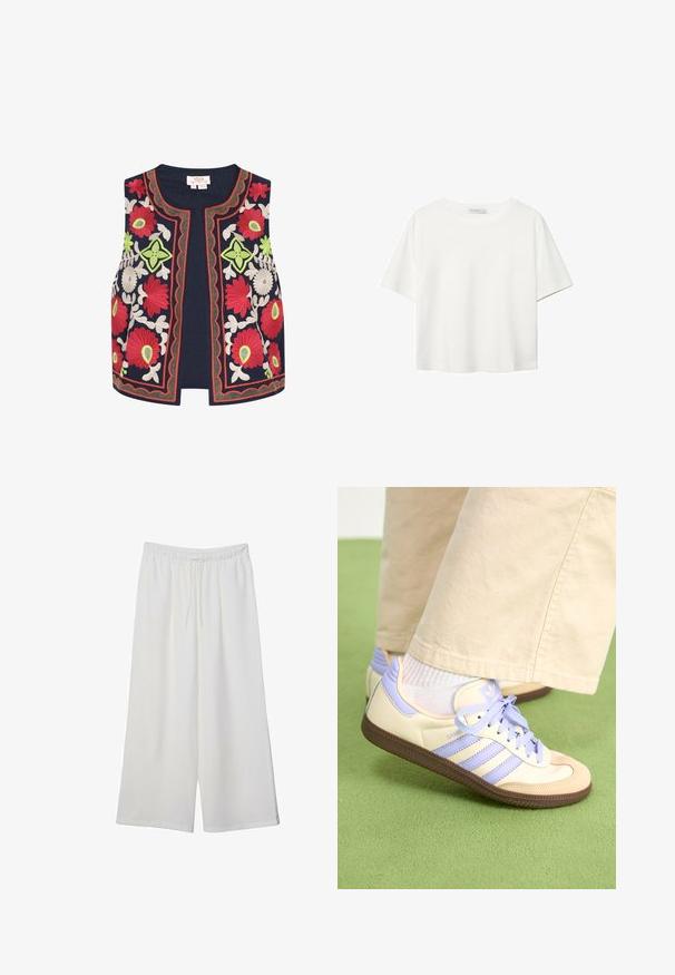 Námořnická vyšívaná vesta s barevnými květinovými motivy v červené, zelené a bílé barvě, s dekorativními vlnitými okraji a otevřeným předním designem.; Bílý krátký rukáv tričko vyrobené z bavlny. Má kulatý výstřih a volný střih. Hladký materiál bez viditelných vzorů nebo akcentů.; Bílé kalhoty s širokými nohavicemi vyrobené z lehké tkaniny, s elastickým pasem a stahovací šňůrkou pro nastavitelnou velikost. Hladká textura.; Krémové a levandulové tenisky se třemi pruhy a texturovanou hnědou podrážkou, vybavené tkaničkami a polstrovanou patou. Měkký textilní svršek.
