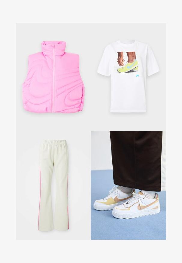 Colete puffer rosa com gola alta, apresentando um fecho central e um padrão acolchoado. Textura suave com uma aparência leve e macia.; T-shirt branco de algodão com uma gráfica de pés em chuteiras Nike amarelas com detalhes azuis, combinado com uma pulseira no pulso esquerdo.; Calças bege claras com uma cintura elástica, apresentando painéis laterais cor-de-rosa e bolsos laterais. Textura suave com um design de perna reta.; Ténis brancos em pele com detalhes dourados, apresentando uma biqueira perfurada, atacadores planos e uma sola de borracha espessa com o logótipo "AIR" na lateral.